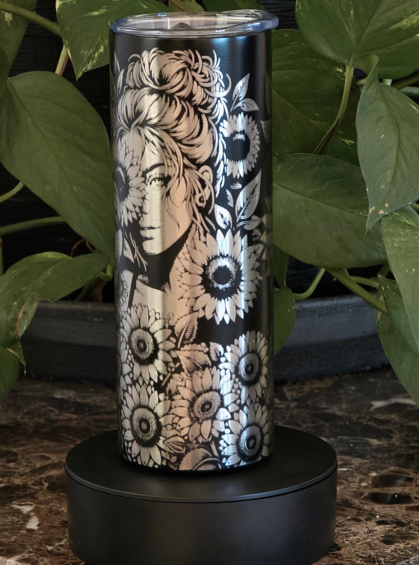 🌻 “Golden Soul” 20oz Black Tumbler – Sunflower Beauty Stainless Engraved Design