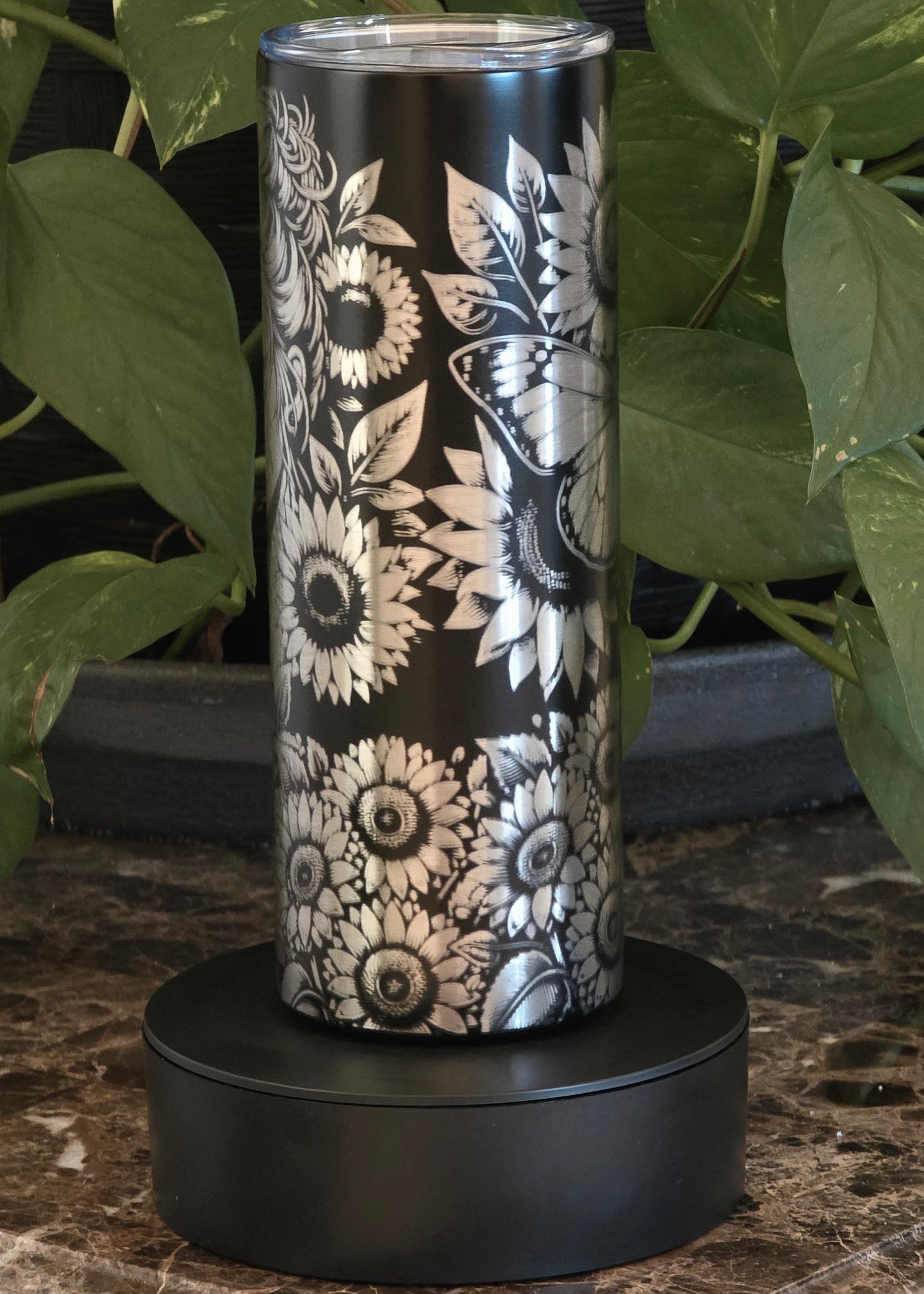🌻 “Golden Soul” 20oz Black Tumbler – Sunflower Beauty Stainless Engraved Design