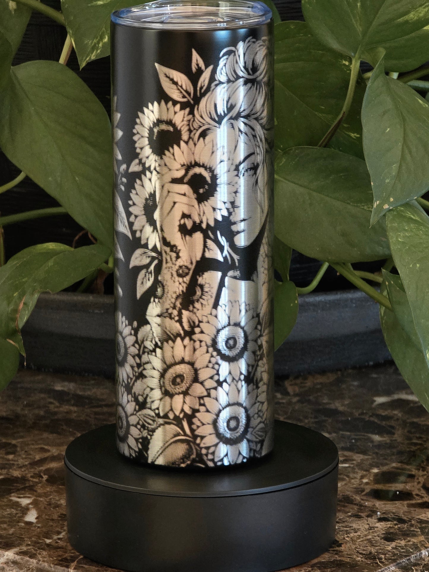 🌻 “Golden Soul” 20oz Black Tumbler – Sunflower Beauty Stainless Engraved Design